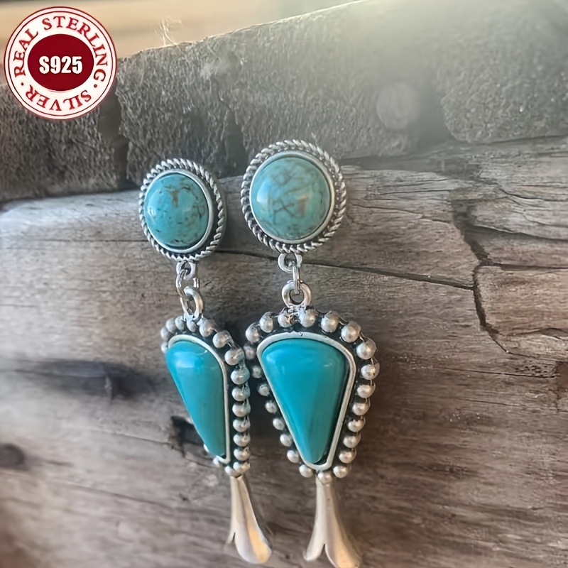 Women's 925 Silver Handmade Turquoise Earrings, Ethnic Style